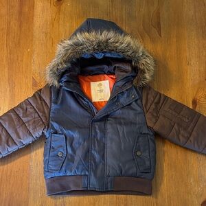 Tucker & Tate Navy and Brown Hooded Winter  Jacket with Faux Fur Trim Size 3